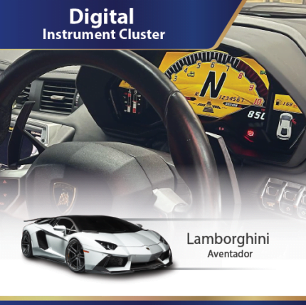 Genuine Lamborghini Aventador digital instrument cluster — original OEM dashboard display by DMP Car Design.